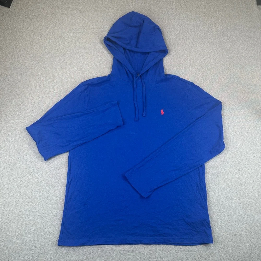 Polo Ralph Lauren Hooded Shirt Mens M Royal Blue Cotton Long Sleeve Red Pony
